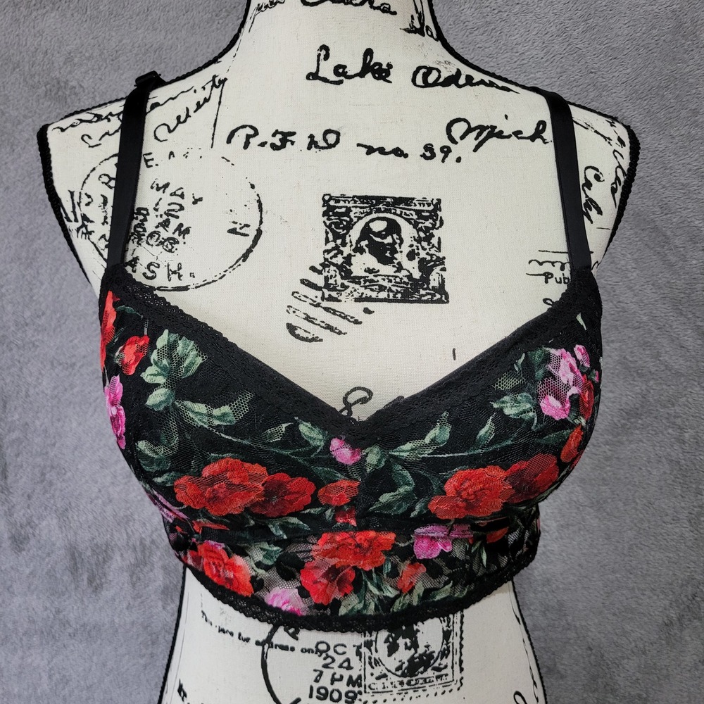 PINK Victoria's Secret Black Floral Lace Bralette with Red & Pink Embroidery